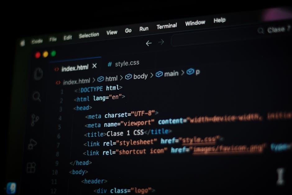 A computer screen displaying a dark-themed code editor with HTML code visible. The code includes tags such as <html>, <head>, <title>, and <meta>, with some parts blurred out. The terminal window show